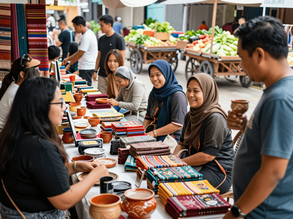 Shoppers at rokok88 exploring vibrant local market stalls filled with unique Indonesian products.