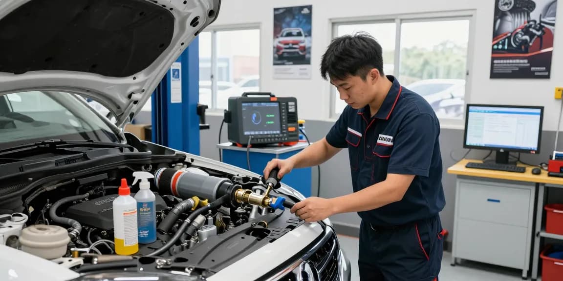 DPF Reinigung Hannover in einer modernen Werkstatt mit Mechaniker, Fahrzeug und professioneller Ausrüstung.