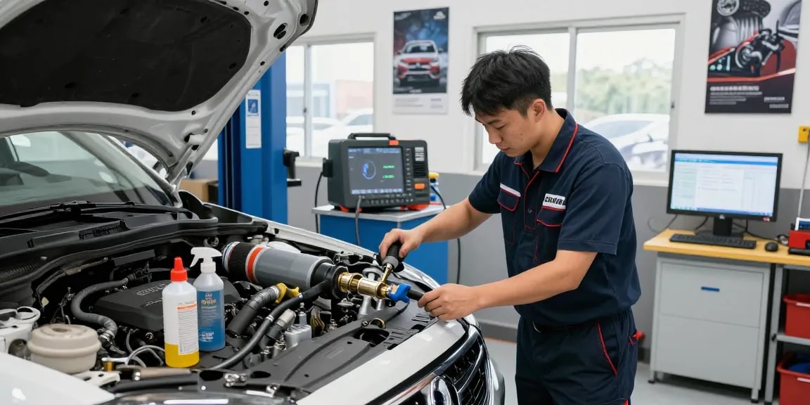 DPF Reinigung Hannover in einer modernen Werkstatt mit Mechaniker, Fahrzeug und professioneller Ausrüstung.