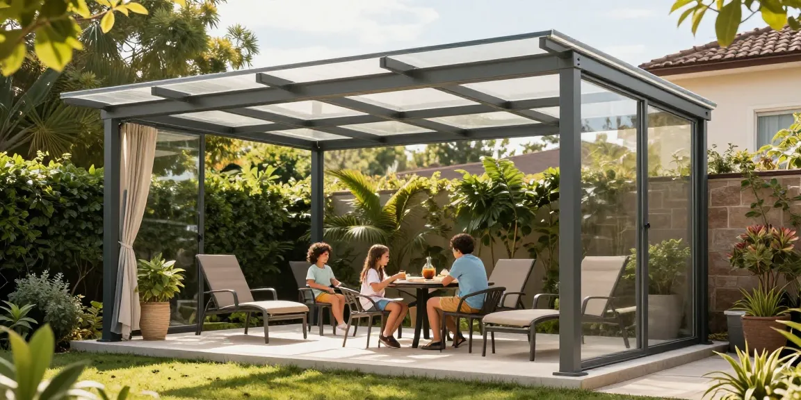 Freistehende Terrassenüberdachung mit Aluminiumstruktur und Familie im Garten.