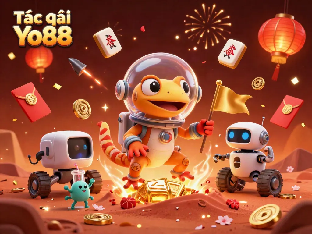 Tác giả Yo88 showcases an exciting scene with a Martian gecko and robot at a golden casino.