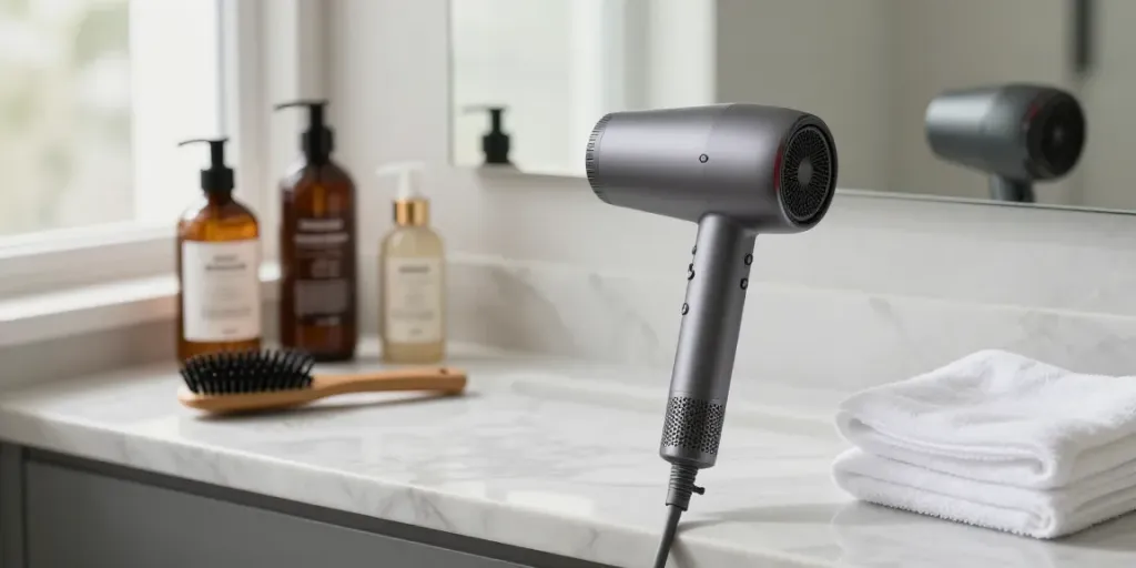 Haartrockner im Test: Stilvolles Badezimmer mit Haartrockner und Pflegeprodukten zum richtigen Styling.