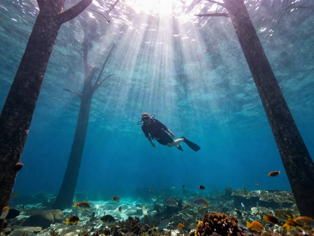 Erfahrener Taucher in der Cenote Angelita, schwebt durch klares Wasser und eine mystische Schwefelwasserstoffschicht.