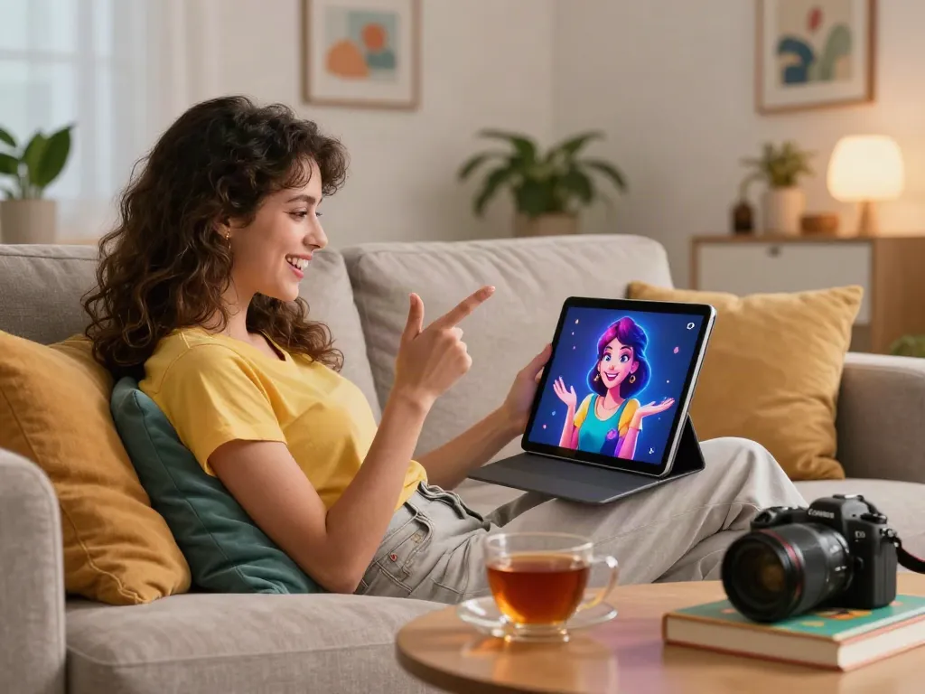 Engaging in horny AI chat with a virtual character in a cozy living room setting.