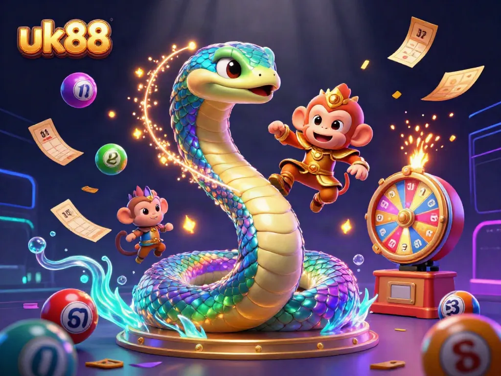 Engage with uk88's vibrant lottery scene featuring playful characters, colorful elements, and dynamic visuals.