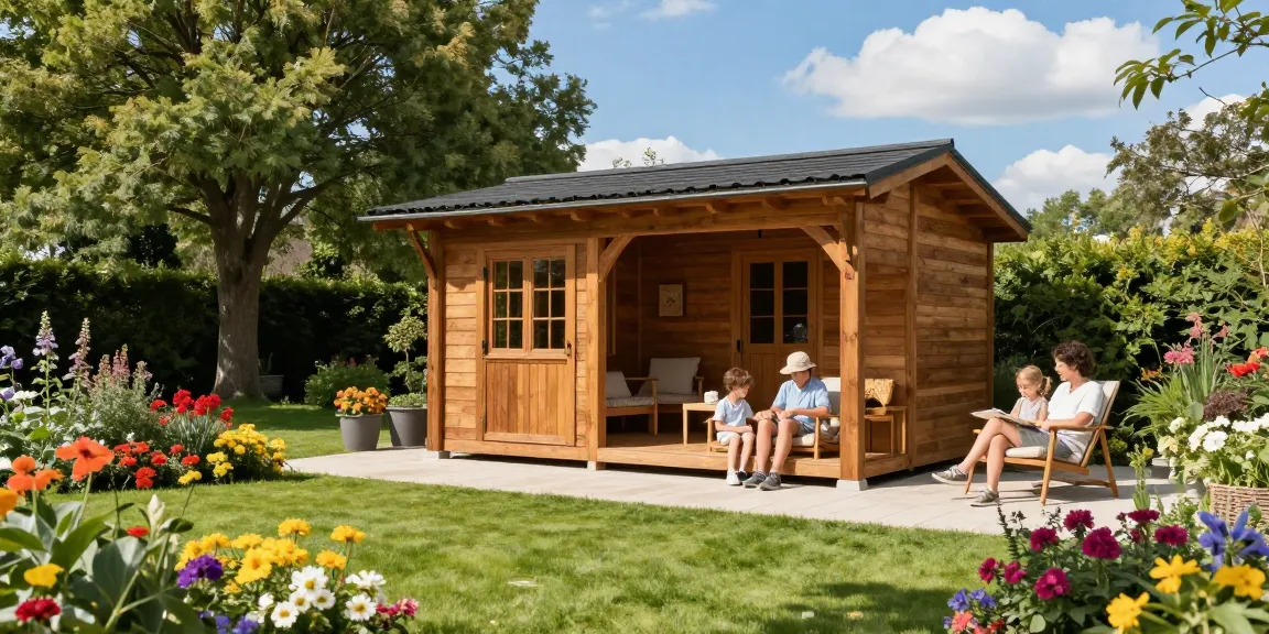 Modernes Gartenhaus im blühenden Garten, umgeben von bunten Blumen und einer Familie, die die Zeit im Freien genießt.