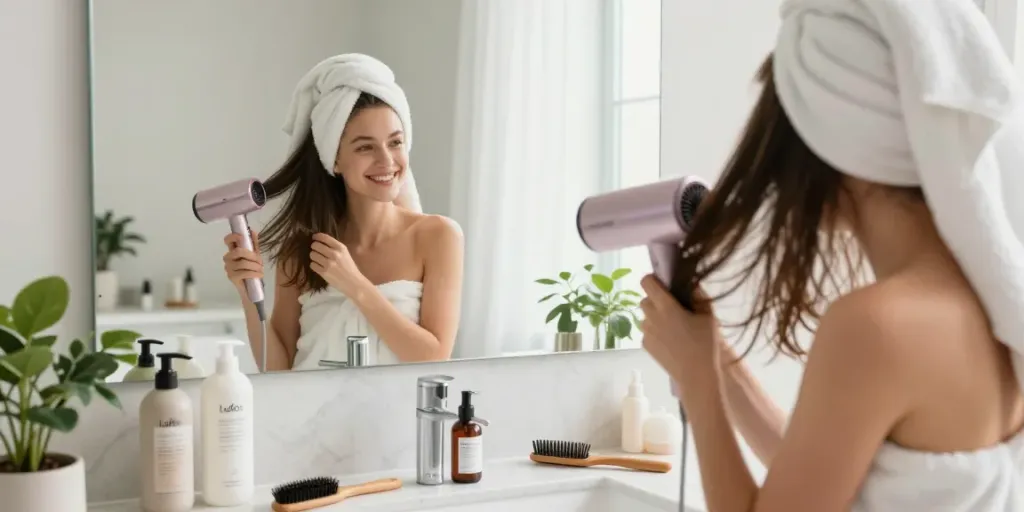 Junge Frau benutzt den Laifen Föhn im modernen Badezimmer.