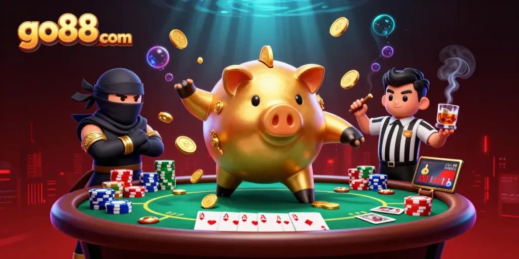 Win big at go88 com in this action-packed 3D casino scene featuring cartoon characters and vibrant game elements.