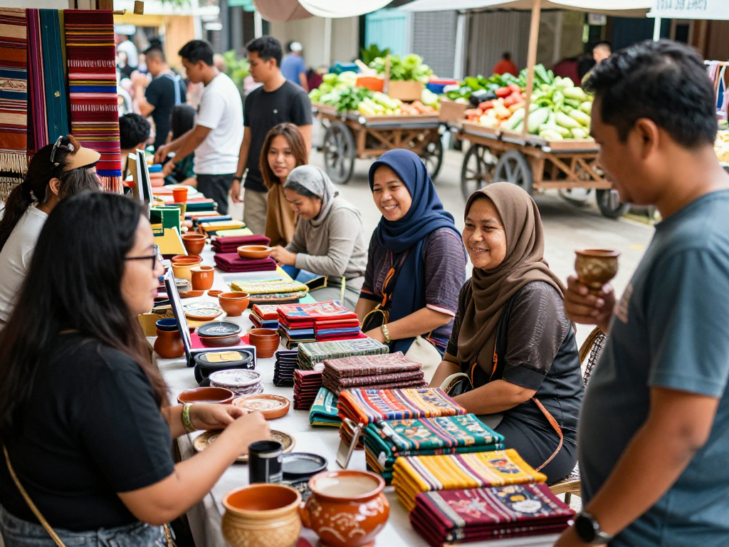 Shoppers at rokok88 exploring vibrant local market stalls filled with unique Indonesian products.