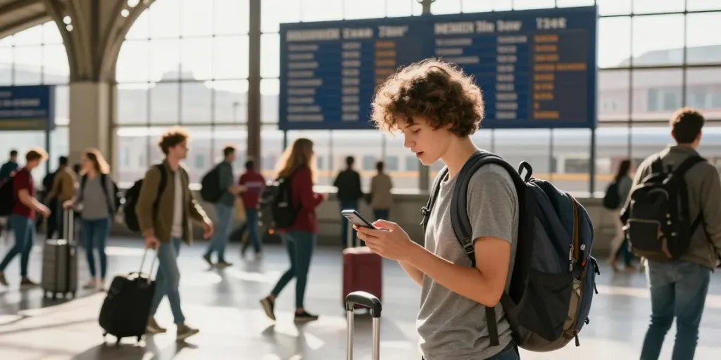 Zugtickets für Studenten vergleichen am Bahnhof mit anderen Reisenden.