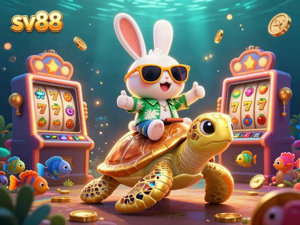 Join the fun at sv88 with a lucky rabbit and golden turtle in a vibrant casino scene.