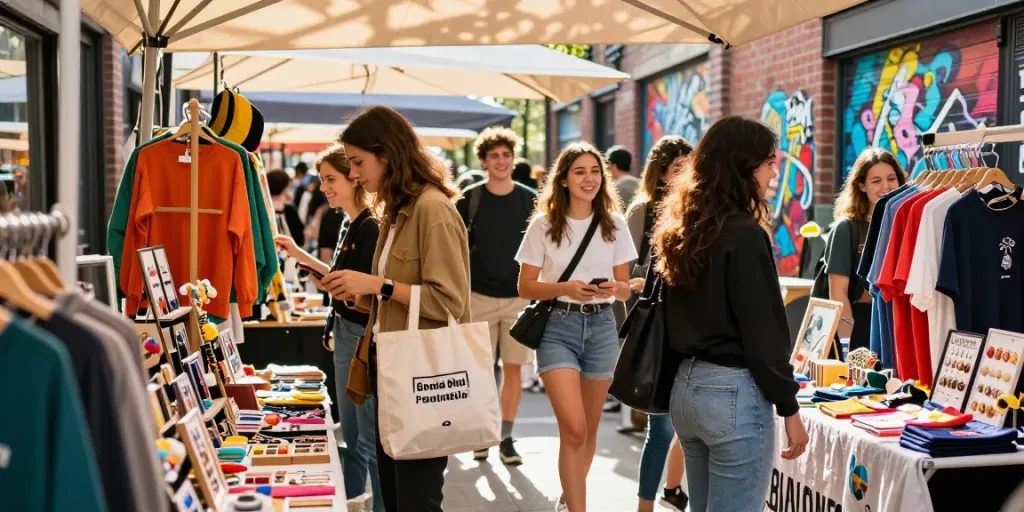 Vibrant street market shopping experience showcasing rokok88 local products.