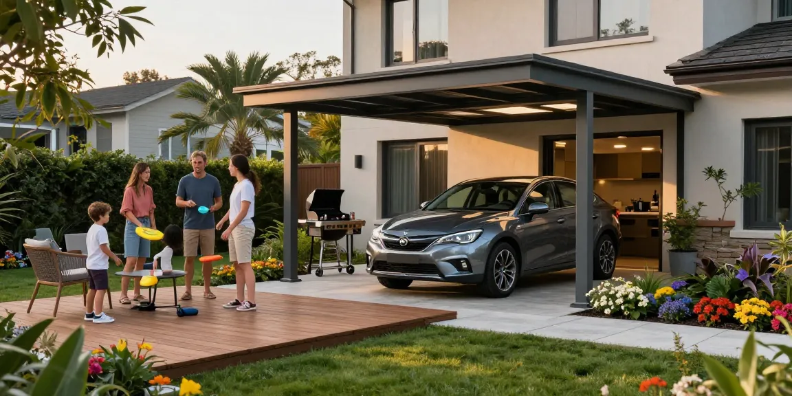 Moderne Carport im Garten mit Fahrzeug und Familienaktivitäten.