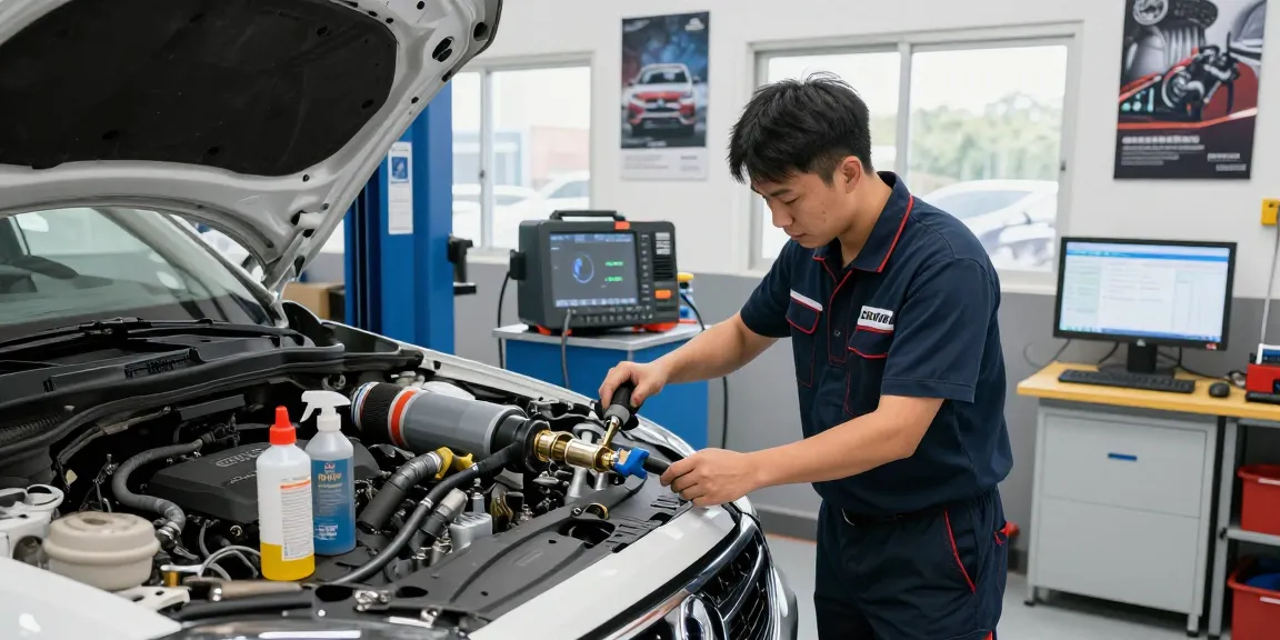 DPF Reinigung Hannover in einer modernen Werkstatt mit Mechaniker, Fahrzeug und professioneller Ausrüstung.
