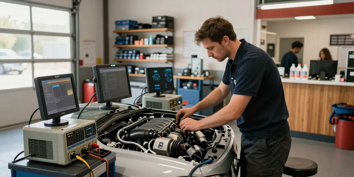 Professioneller Mechaniker in einer BMW Werkstatt Hannover bei der Motorinspektion mit umfangreicher Ausrüstung.