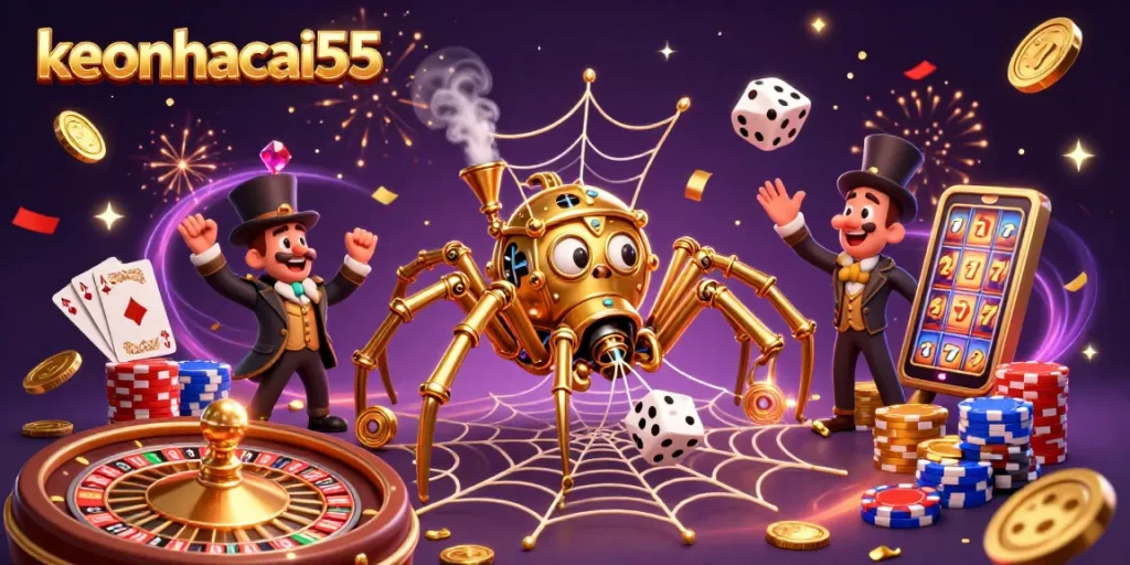 Engage with the thrill of keonhacai55 as a steampunk spider weaves golden chains in a vibrant casino scene.