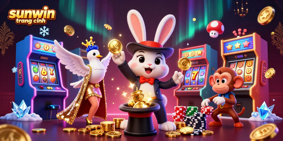 Experience the excitement of sunwin trang chính with a magician rabbit, dove, and monkey among casino-themed games and treasures.